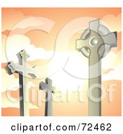 Poster, Art Print Of Cross Tombstones In A Cemetery Against An Orange Sunset