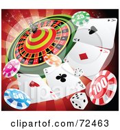 Poster, Art Print Of Casino Roulette Wheel With Playing Cards Poker Chips And Dice Over Red