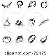 Royalty Free RF Clipart Illustration Of A Digital Collage Of Black And White Fruit And Veggie Icons With Reflections by cidepix