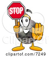 Bowling Ball Mascot Cartoon Character Holding A Stop Sign