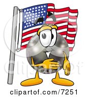 Bowling Ball Mascot Cartoon Character Pledging Allegiance To An American Flag