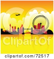 Poster, Art Print Of Plane Over The London Skyline Against An Orange Sunset