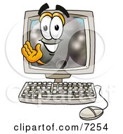 Clipart Picture Of A Bowling Ball Mascot Cartoon Character Waving From Inside A Computer Screen