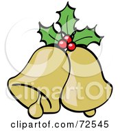 Royalty Free RF Clipart Illustration Of Two Golden Bells With Holly Berries And Leaves