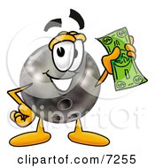 Bowling Ball Mascot Cartoon Character Holding A Dollar Bill
