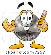 Clipart Picture Of A Bowling Ball Mascot Cartoon Character Holding A Pencil