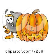 Clipart Picture Of A Bowling Ball Mascot Cartoon Character With A Carved Halloween Pumpkin by Toons4Biz