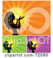 Royalty Free RF Clipart Illustration Of A Digital Collage Of A Silhouetted Woman Blowing Magic Dust Out Of Her Hand Against A Sun by cidepix #COLLC72580-0145