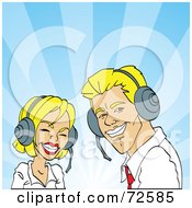 Poster, Art Print Of Friendly Blond Man And Woman Wearing Headsets And Smiling