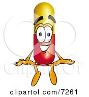 Medicine Pill Capsule Mascot Cartoon Character Sitting