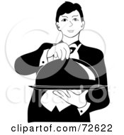 Royalty Free RF Clipart Illustration Of A Black And White Professional Butler Touching The Lid To A Platter