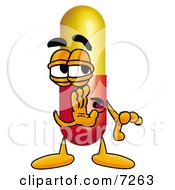 Medicine Pill Capsule Mascot Cartoon Character Whispering And Gossiping