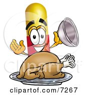 Poster, Art Print Of Medicine Pill Capsule Mascot Cartoon Character Serving A Thanksgiving Turkey On A Platter