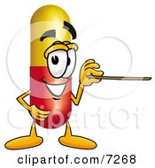 Medicine Pill Capsule Mascot Cartoon Character Holding A Pointer Stick