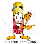 Medicine Pill Capsule Mascot Cartoon Character Waving And Pointing by Mascot Junction