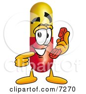 Medicine Pill Capsule Mascot Cartoon Character Holding A Telephone by Mascot Junction