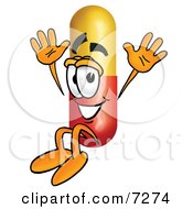 Poster, Art Print Of Medicine Pill Capsule Mascot Cartoon Character Jumping