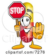 Medicine Pill Capsule Mascot Cartoon Character Holding A Stop Sign by Mascot Junction