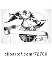 Royalty Free RF Clipart Illustration Of A Black And White Vintage Angel Sitting On A Globe With A Blank Banner by BestVector