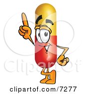 Poster, Art Print Of Medicine Pill Capsule Mascot Cartoon Character Pointing Upwards