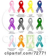 Digital Collage Of Pink Red Yellow Blue Purple Black Gray Green Gradient Orange White And Teal Awareness Ribbons With Labels