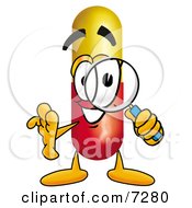 Clipart Picture Of A Medicine Pill Capsule Mascot Cartoon Character Looking Through A Magnifying Glass