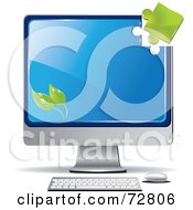 Green Puzzle Piece Above The Corner Of A Green Computer Screen With Leaves
