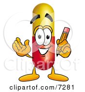 Medicine Pill Capsule Mascot Cartoon Character Holding A Pencil