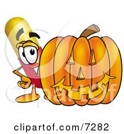 Medicine Pill Capsule Mascot Cartoon Character With A Carved Halloween Pumpkin