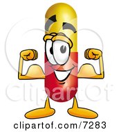 Medicine Pill Capsule Mascot Cartoon Character Flexing His Arm Muscles
