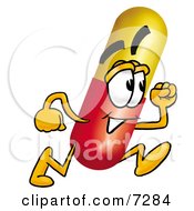 Poster, Art Print Of Medicine Pill Capsule Mascot Cartoon Character Running