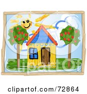 Poster, Art Print Of Child Like Drawing Of A Yellow House Under The Sun With Trees