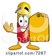 Medicine Pill Capsule Mascot Cartoon Character Holding An Orange Sales Price Tag
