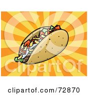 Royalty Free RF Clipart Illustration Of A Crunchy Taco With Veggies And Cheese On An Orange Burst