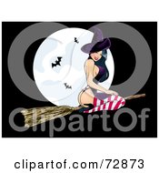 Royalty Free RF Clipart Illustration Of A Sexy Pinup Witch Woman Flying In Front Of A Full Moon With Bats