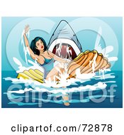 Royalty Free RF Clipart Illustration Of A Sexy Pinup Woman On A Floatie Being Attacked By A Shark