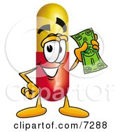 Medicine Pill Capsule Mascot Cartoon Character Holding A Dollar Bill