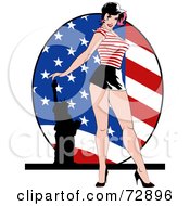 Sexy Pinup Woman Standing In Front Of An American Flag