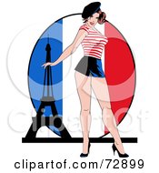 Royalty Free RF Clipart Illustration Of A Sexy Pinup Woman Standing In Front Of A French Flag And Eiffel Tower