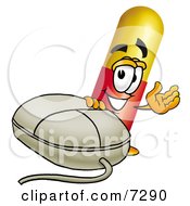 Medicine Pill Capsule Mascot Cartoon Character With A Computer Mouse