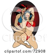 Two Wrestling Pinup Women In Bikinis Over A Red Oval