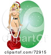 Sexy Nude Pinup Woman Stepping Out Of Santas Sack With A Green Sparkly Oval