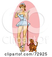 Surprised Sexy Pinup Woman With Her Panties By Her Ankles Walking Her Dog