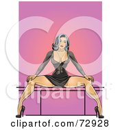 Poster, Art Print Of Sexy Pinup Woman In A Black Dress Sitting With Her Legs Spread Wide