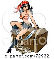 Poster, Art Print Of Sexy Pirate Pinup Woman With A Peg Leg Sitting On A Treasure Chest