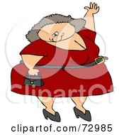 Poster, Art Print Of Plump Caucasian Woman In A Red Dress Carrying A Purse And Waving