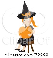 Poster, Art Print Of Happy White Girl In A With Costume Sitting And Holding A Halloween Pumpkin