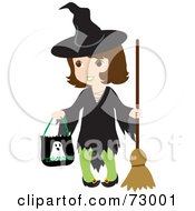 Poster, Art Print Of Happy Brunette Halloween Witch Girl Trick Or Treating