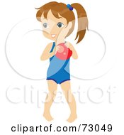 Royalty Free RF Clipart Illustration Of A Cute Little Girl In A Blue Swim Suit Holding A Ball