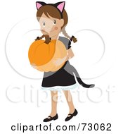 Poster, Art Print Of Happy White Girl Carrying A Pumpkin And Wearing A Halloween Cat Costume